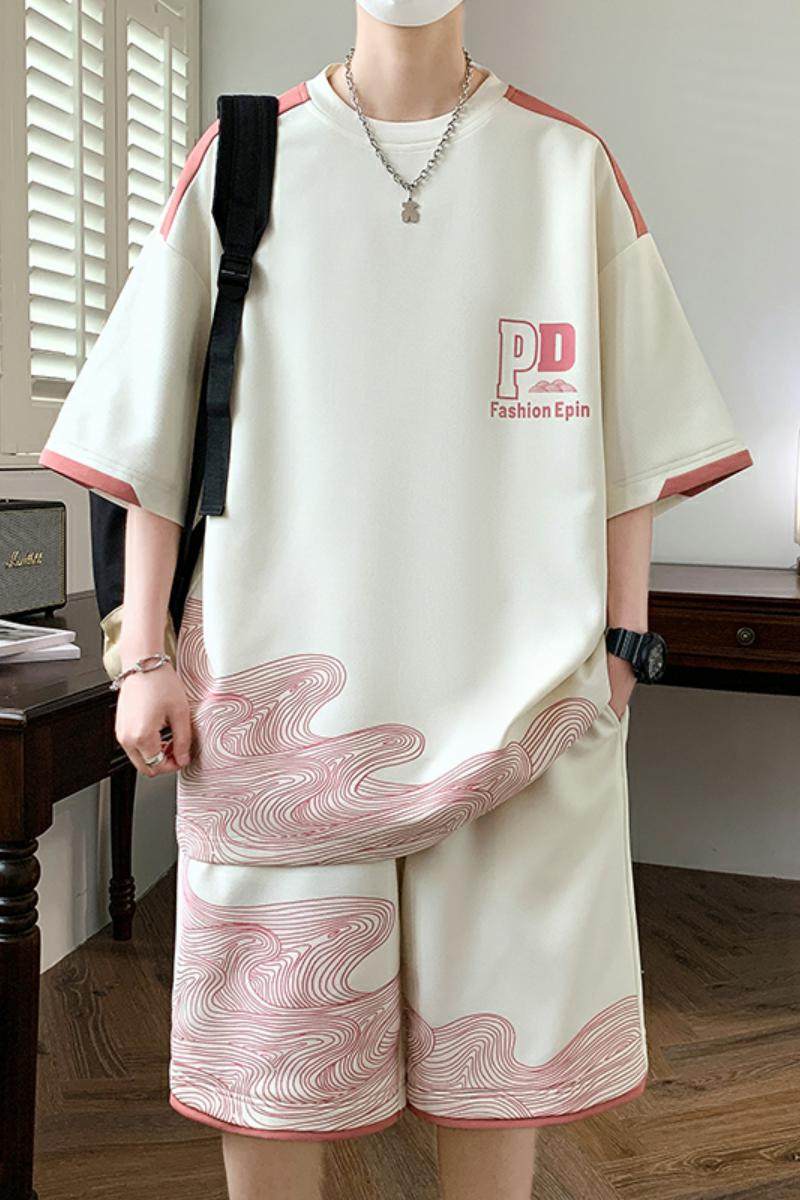TZ24356-特P50休闲套装男运动夏季短袖两件套港风上衣短裤,男装休闲套装,电商D310B