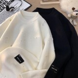 84633-特P58纯色圆领毛衣外套男士秋冬季慵懒风破洞设计感宽松，男装针织衫/毛衣，电商D310B