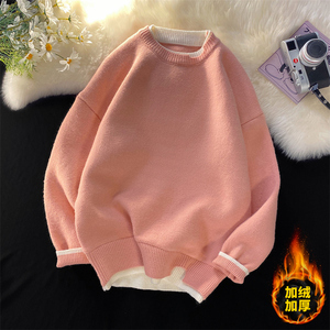 R601-P65加绒毛衣男士春秋款冬加厚款宽松2022新款男生针织衫,阿迪达斯蓝色系穿搭图片