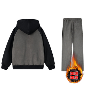 光板二开TZ9132特P100纯色加绒连帽卫衣套装男宽松运动服两件套潮图片