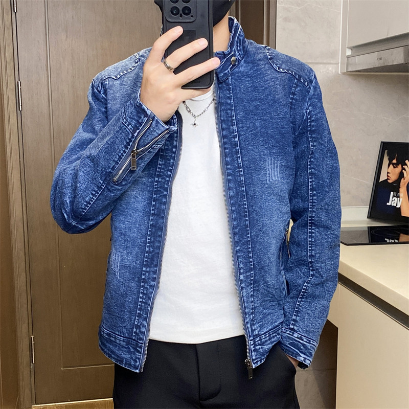 JK1826-P100牛仔夹克男立领水洗复古修身潮流男士机车服外套图片
