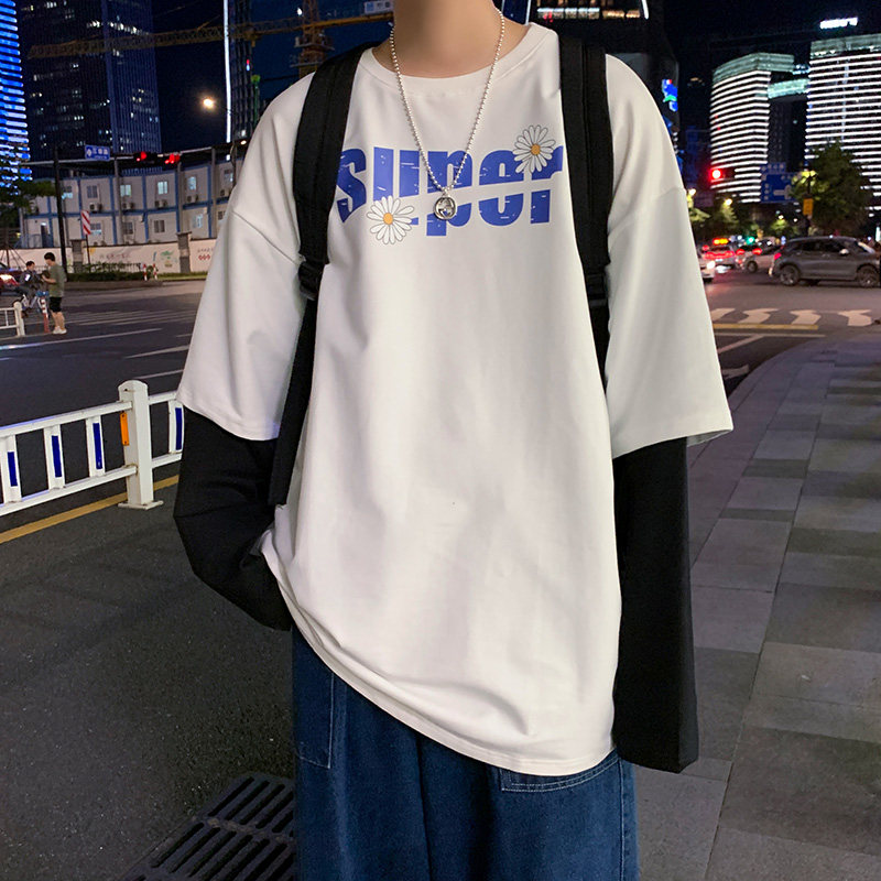 8560港风ins男潮牌宽松外穿假两件卫衣潮流秋季长袖t恤图片