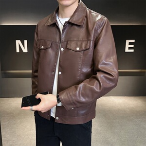 JK687-P100皮衣男韩版修身翻领PU皮夹克百搭青年休闲男装外套,果冻色长款毛衣搭配图片图片