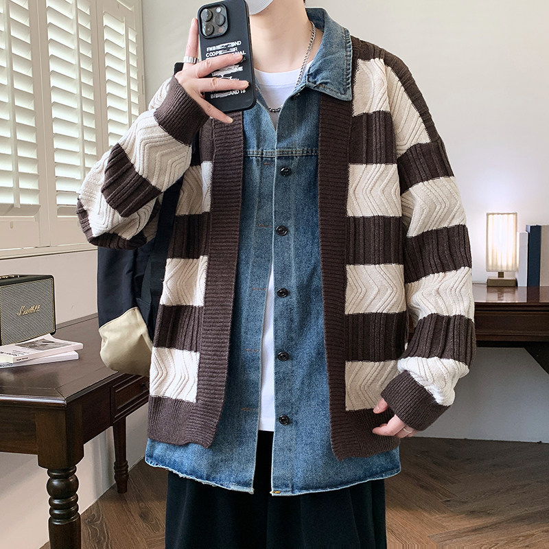 84876-特P88秋冬新款针织开衫毛衣男外套牛仔拼接假两件外套,男装针织衫/毛衣,电商D310B