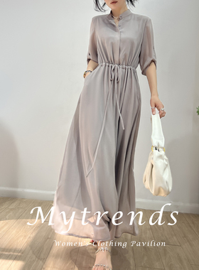 灰色法式气质雪纺连衣裙女2023新款夏季收腰显瘦垂感及踝长裙长款