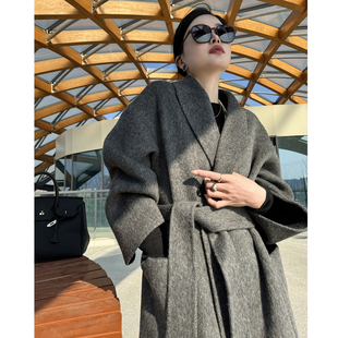 高奢经典羊驼绒黑灰色双面羊绒大衣宽松系带长款过膝羊毛呢子外套