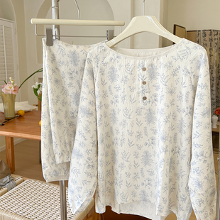 时尚洋气温柔田园小碎花女士可外穿家居服套装春秋季睡衣长袖长裤