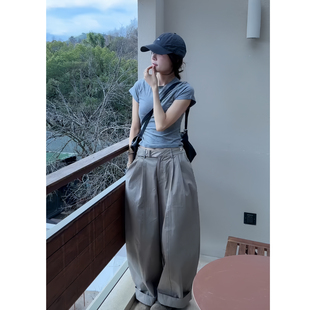 两件套 T恤上衣垂感阔腿裤 老钱风高级感chic别致休闲套装 显瘦短袖