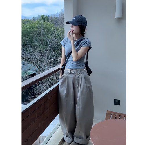 显瘦短袖T恤上衣垂感阔腿裤套装
