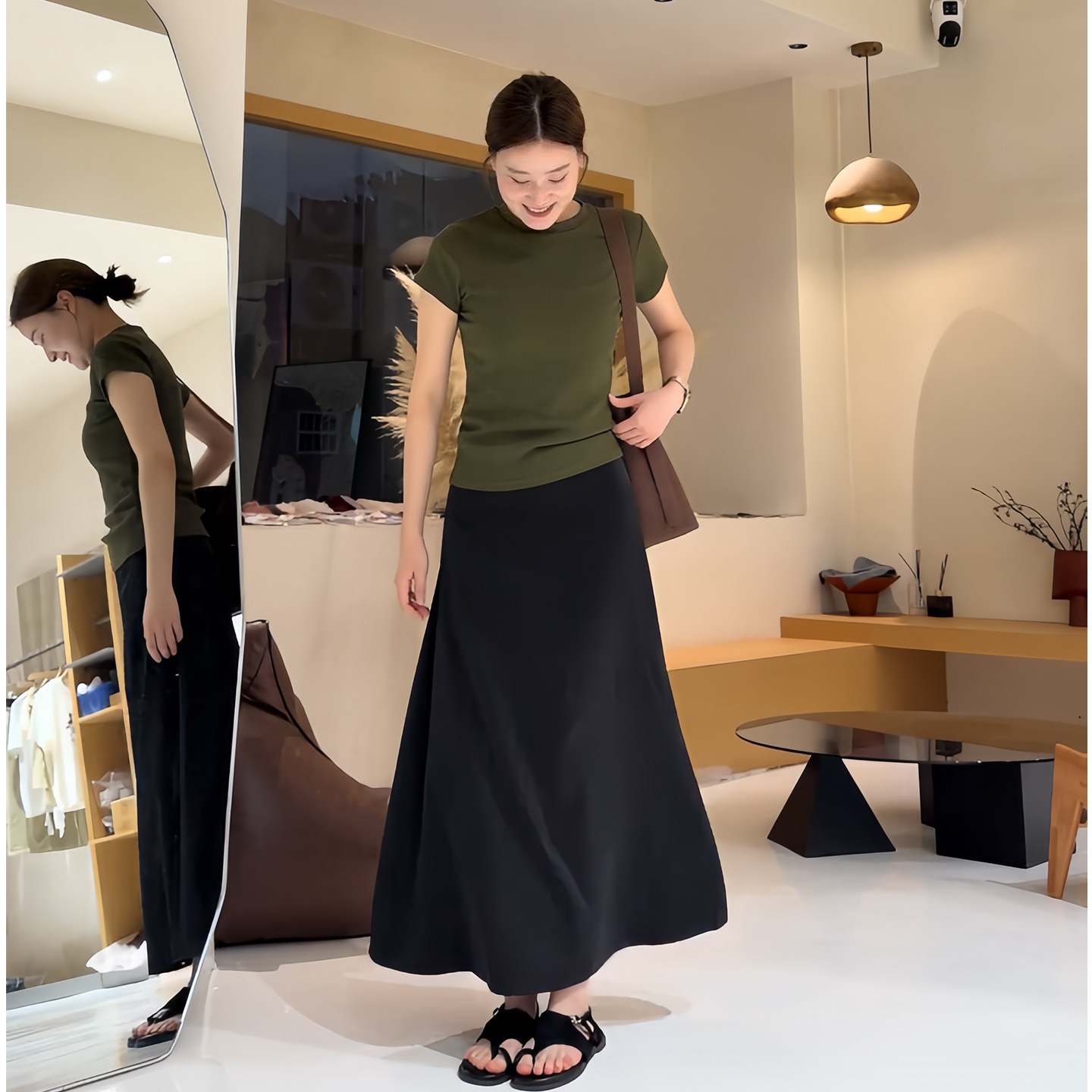 韩系chic巨好看套装极简风短袖上衣A字半身裙女夏高腰减龄两件套