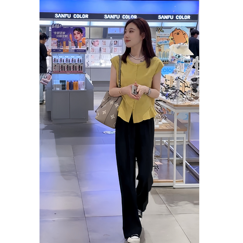 夏日ootd穿搭一整套独特小众短袖衬衫高腰显瘦休闲裤两件套夏季女