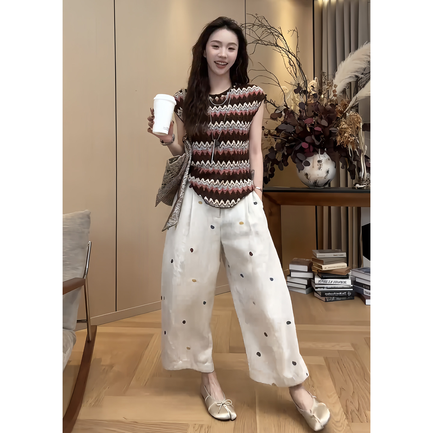 套装2026新款今年流行爆款女装慵懒风几何条纹背心阔腿裤松两件套