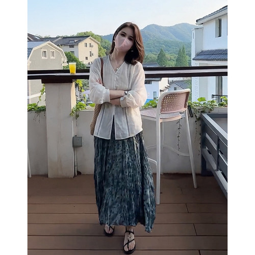 慵懒风法式V领棉麻宽松衬衫套装