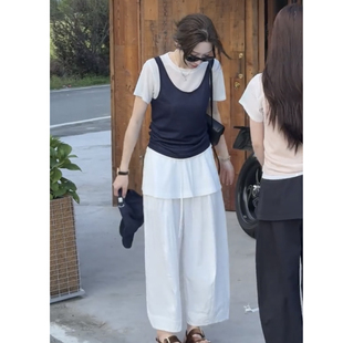独特漂亮初夏套装韩系慵懒风假两件叠穿背心女夏显瘦阔腿裤套装