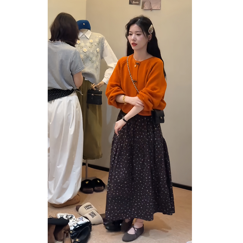 针织开衫毛衣外套碎花半身裙套装