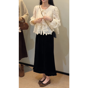 气质小衫 重工刺绣蕾丝长袖 半身裙两件套女 早秋一整套法式 巨好看