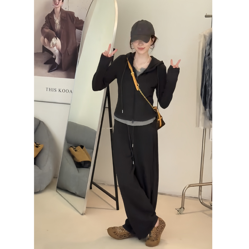 极简风休闲连帽卫衣阔腿裤两件套