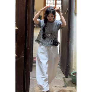 初夏独特绝美小套装黑白格子短袖上衣阔腿裤套装女又酷又飒两件套