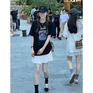 2026巨好看漂亮两件套装女夏宽松印花短袖T恤百褶裙休闲运动套装