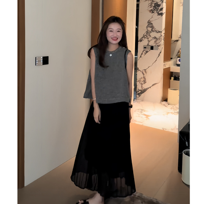 女夏轻熟显瘦减龄无袖上衣半裙套