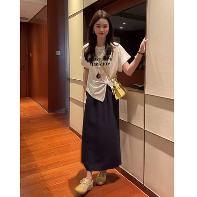 不规则短袖印花T恤半身裙套装