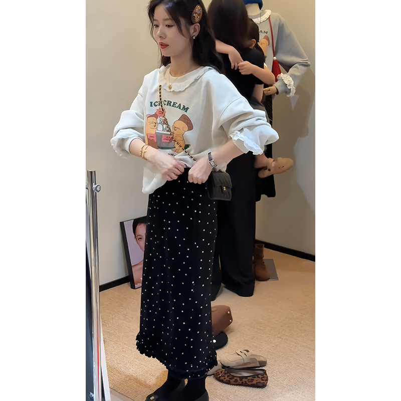 印花长袖花边卫衣波点半身裙套装