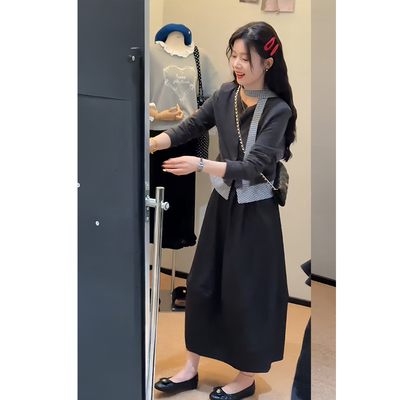 小香风格子拼接上衣半身裙套装