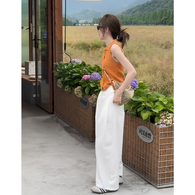 法式翻领无袖阔腿裤显瘦两件套