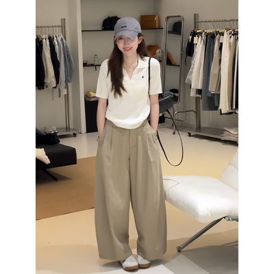 韩版翻领短袖针织上衣阔腿裤套装