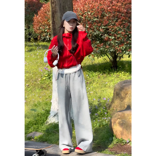 春秋女红色连帽显瘦外套阔腿套装
