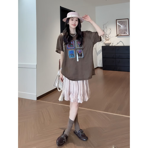 韩系复古印花T恤半裙两件套女夏