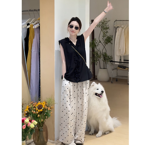 木耳边无袖上衣波点阔腿裤套装