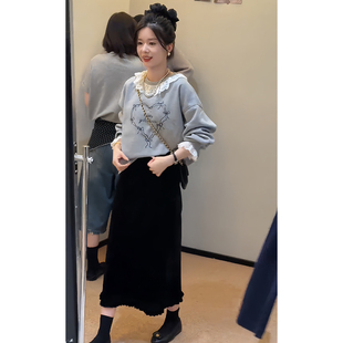 韩系穿搭秋季 蕾丝花边拼接印花卫衣半身裙两件套 气质减龄百搭套装