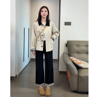 格子风衣外套百搭直筒裤套装