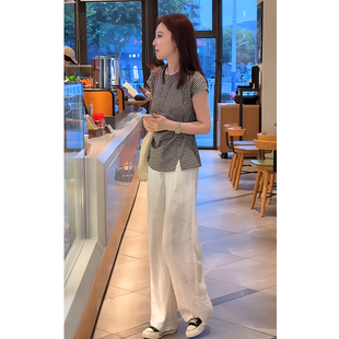 韩系穿搭一整套女夏季新款设计感小众格子短袖上衣高腰阔腿裤套装