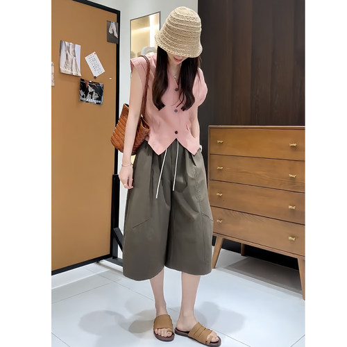 韩系夏薄粉色衬衫阔腿裤两件套