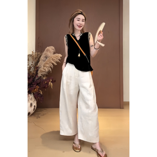 夏季新款女黑色无袖上衣七分阔腿裤套装简约显瘦垂坠感两件套