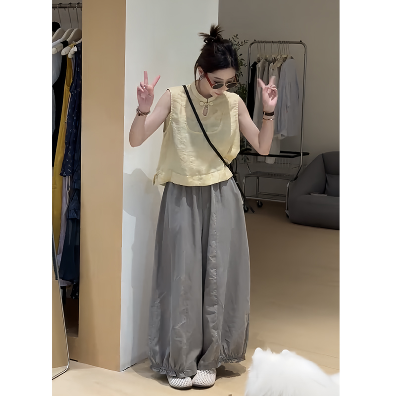 新中式盘扣无袖上衣阔腿裤套装
