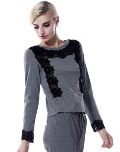 伊丝艾拉5147圆领蕾丝拼接长袖 家居服上衣 舒适棉质