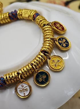 古法沙金黄财神盘缠手串五路财钱串子复古锤纹葫芦手链高保色平安
