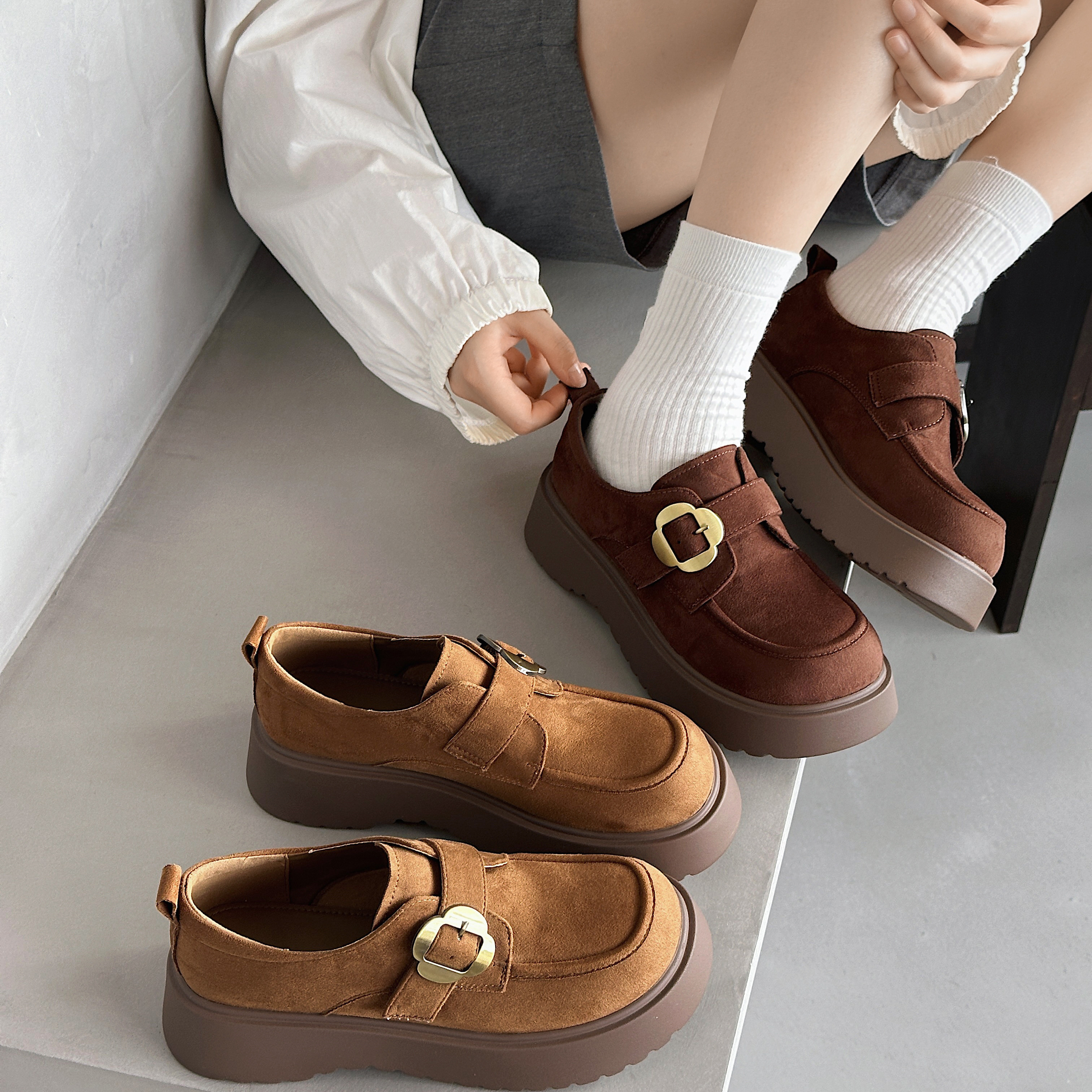 复古时尚乐福鞋女2025年春季新款单鞋森女风松糕厚底小个子豆豆鞋