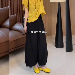 梨形身材高腰显瘦九分灯笼裤 黑色镂空花边休闲裤 大码 女夏季 子 薄款