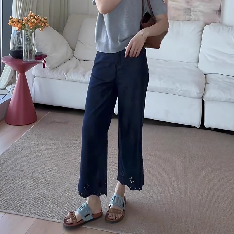 欧货镂空阔腿牛仔裤女夏季薄款大码梨形身材高腰显瘦九分直筒裤子