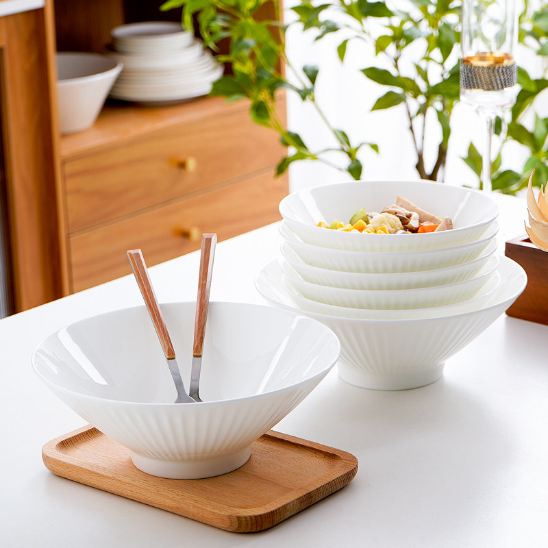 骨瓷竖纹碗家用饭碗菜碗陶瓷面碗沙拉斗笠碗纯白可微波餐具大汤碗,餐饮具,碗,淘宝优惠券,粉丝福利购,淘宝优惠卷