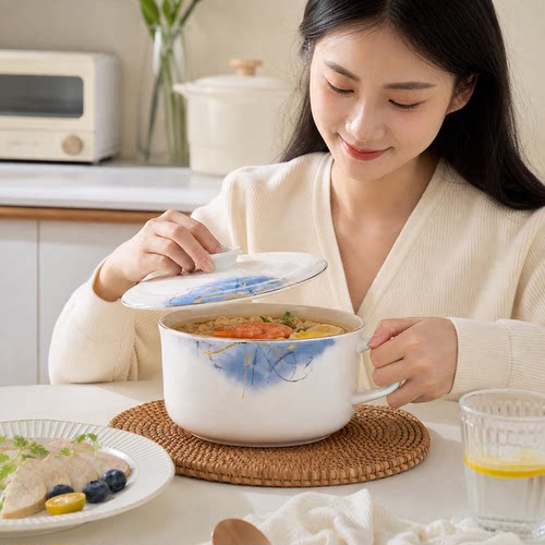 大容量骨瓷泡面碗带盖带手柄