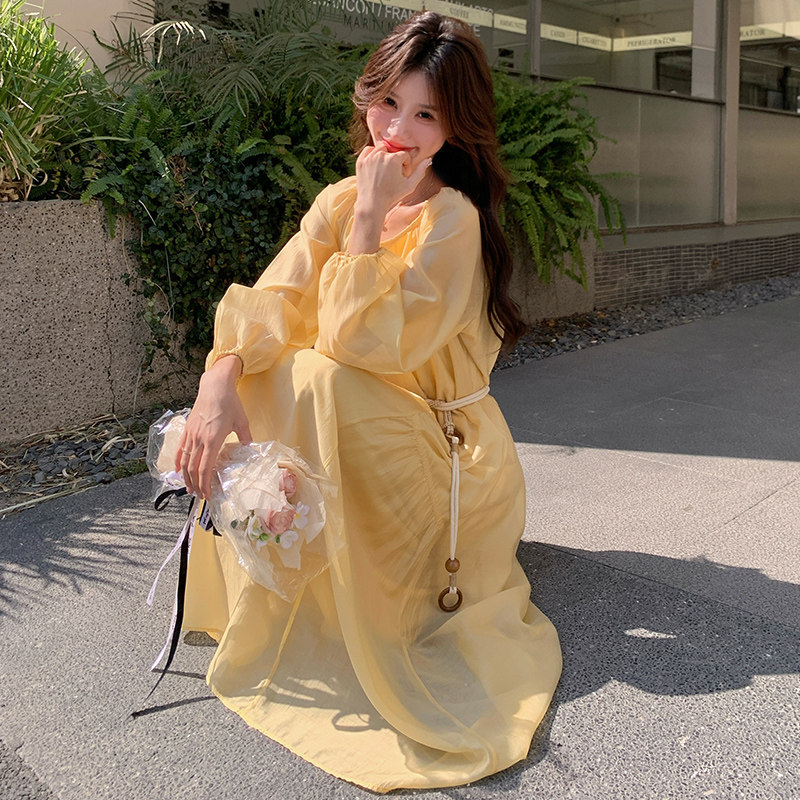 法式黄色长袖连衣裙女2025春夏新款超好看海边度假风气质绝美长裙,女装连衣裙,浙宝191（原浙宝008）