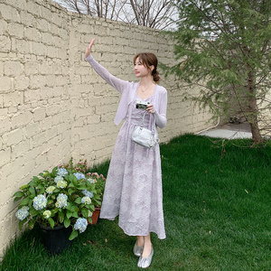 紫色法式甜美风碎花连衣裙套装女2025夏季新款针织披肩长裙两件套，女装连衣裙，浙宝191（原浙宝008）