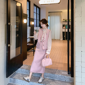 法式名媛小香风马甲裙女2025春季新款千金感粉色半身裙图片