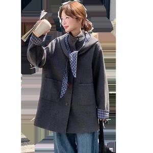 韩系格子拼接毛呢外套2025冬季宽松显瘦中长款大衣B75-P185-K277图片
