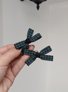 复古文艺儿童发夹墨绿色布艺格子迷你可爱小蝴蝶结对夹边夹刘海夹